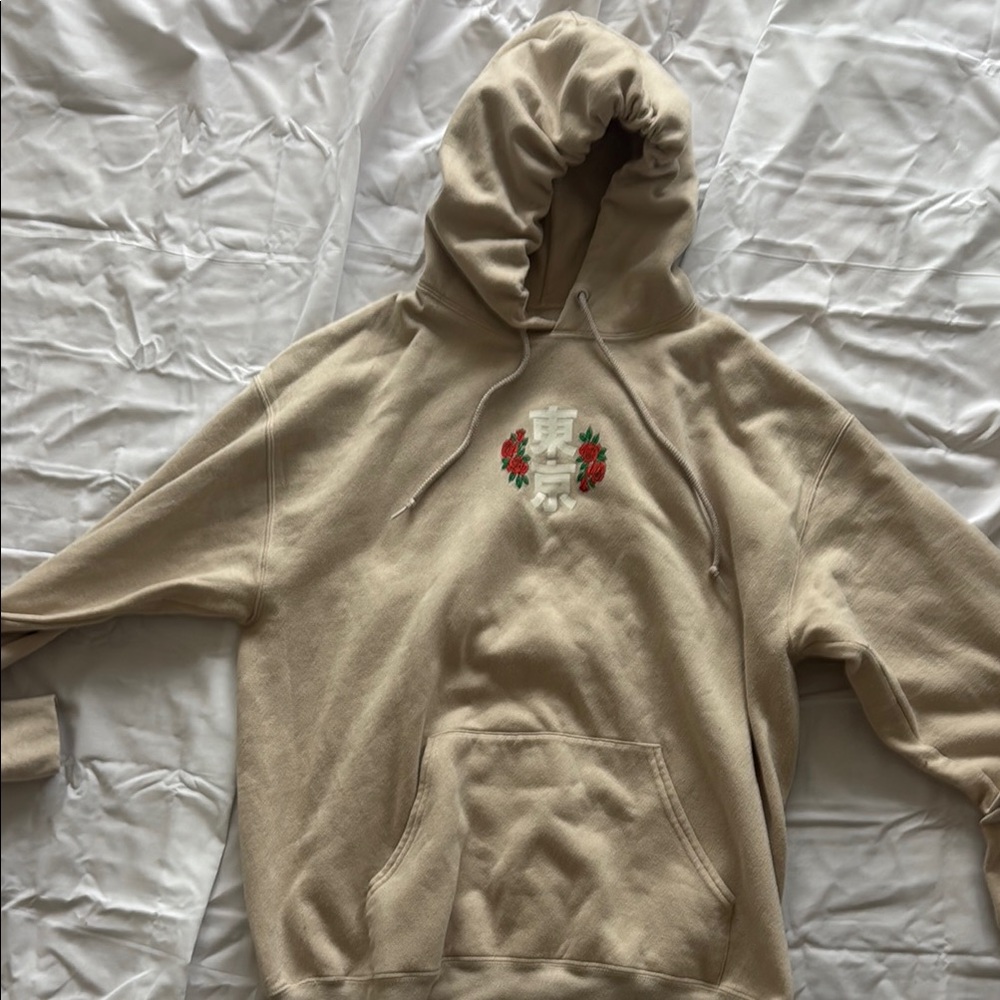 Beige Hooded Sweater with Embroidered Design